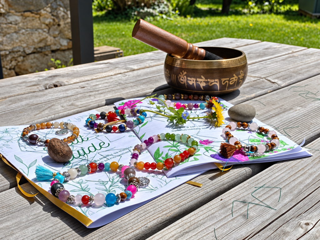 Bracelets colorés réalisés lors d’un atelier, disposés sur une table avec un bol chantant et des fleurs