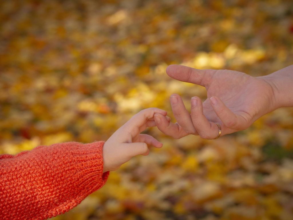 Main d’un enfant tenant doucement la main d’un adulte